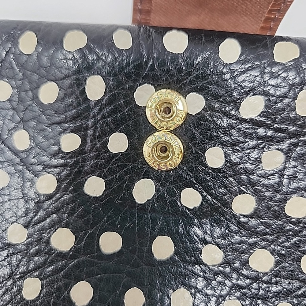 Fossil Vintage Wallet Sydney Brown Leather Retro Black White Polka Dot Trifold - Picture 12 of 16